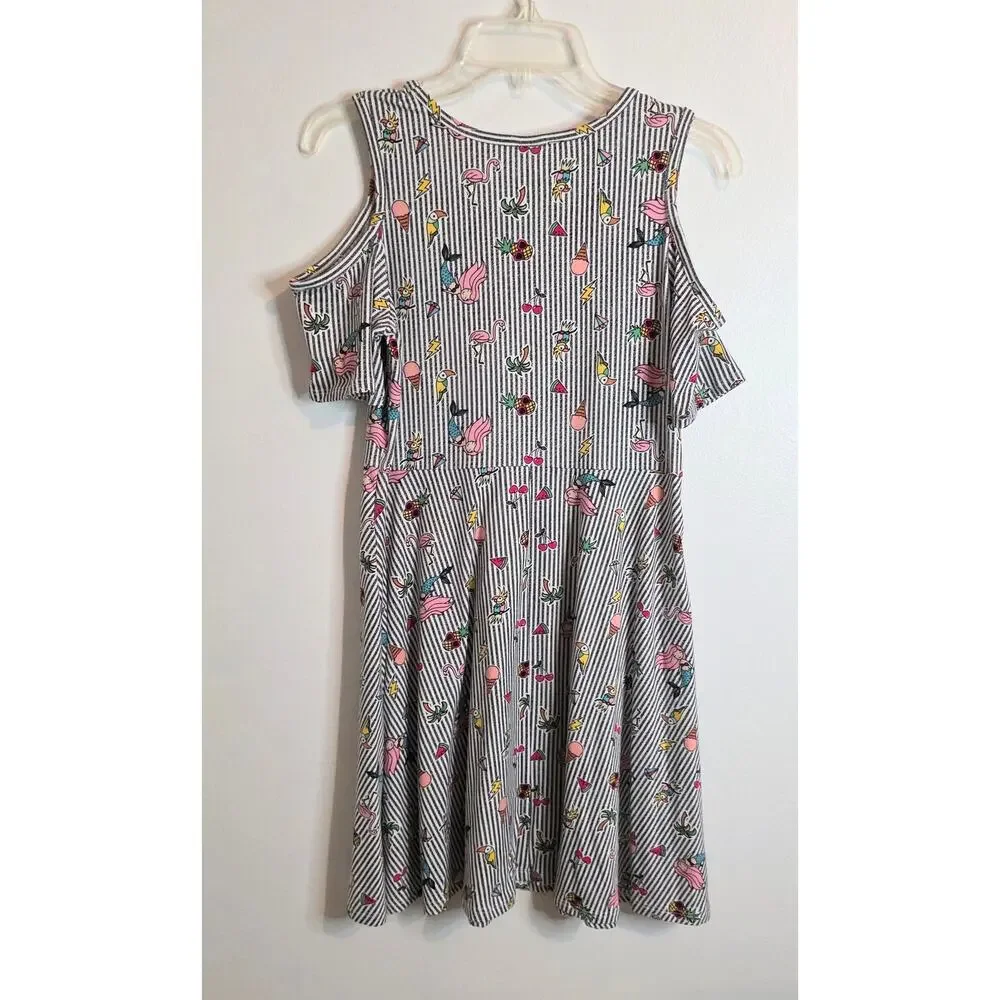 Arizona Cold Shoulder Dress Girl's Plus Size L Gray/White Stripes Tropical Print